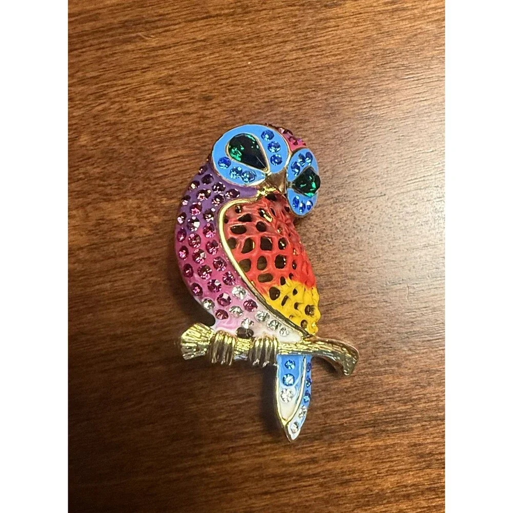 Vintage Rhinestone & Enamel Bird Owl Brooch Pin Vibrant Rainbow Color Gold-Tone